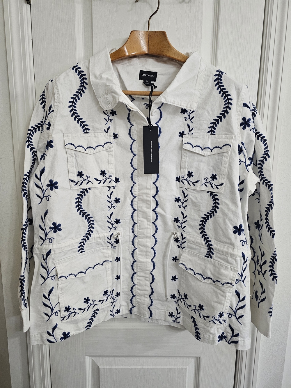 DRIFTWOOD White Jean Jacket with Navy Floral Embroidery 2/3X
